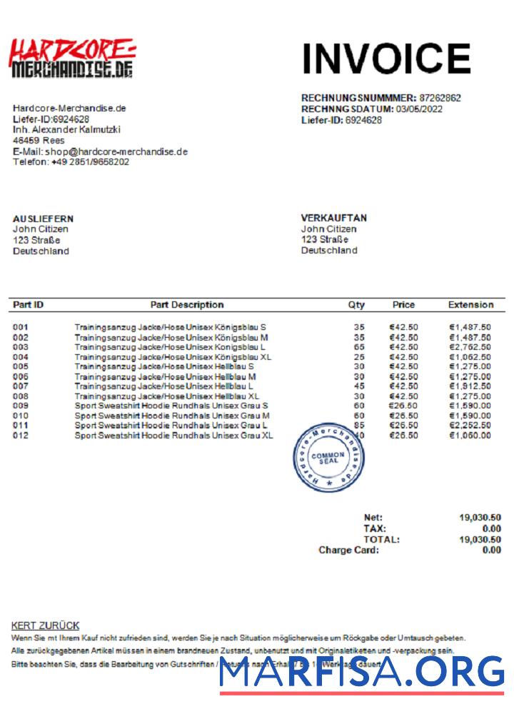 Printable Germany Hardcore Merchandise invoice J. C. doc example